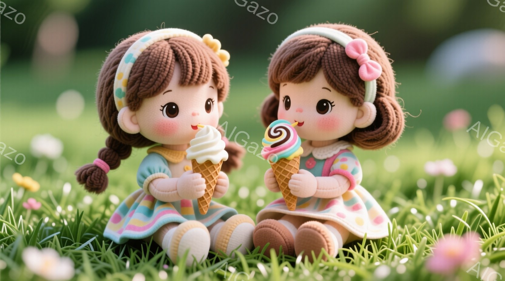 ふわふわした髪と愛らしい表情の女の子が二人、緑豊かな草の上に座っています。ピンク色のリボンがついた茶色の髪型で、それぞれバニラとイチゴのソフトクリームを持っています。背景には、ぼやけた花々が咲き乱れ、暖かく穏やかな雰囲気が漂っています。