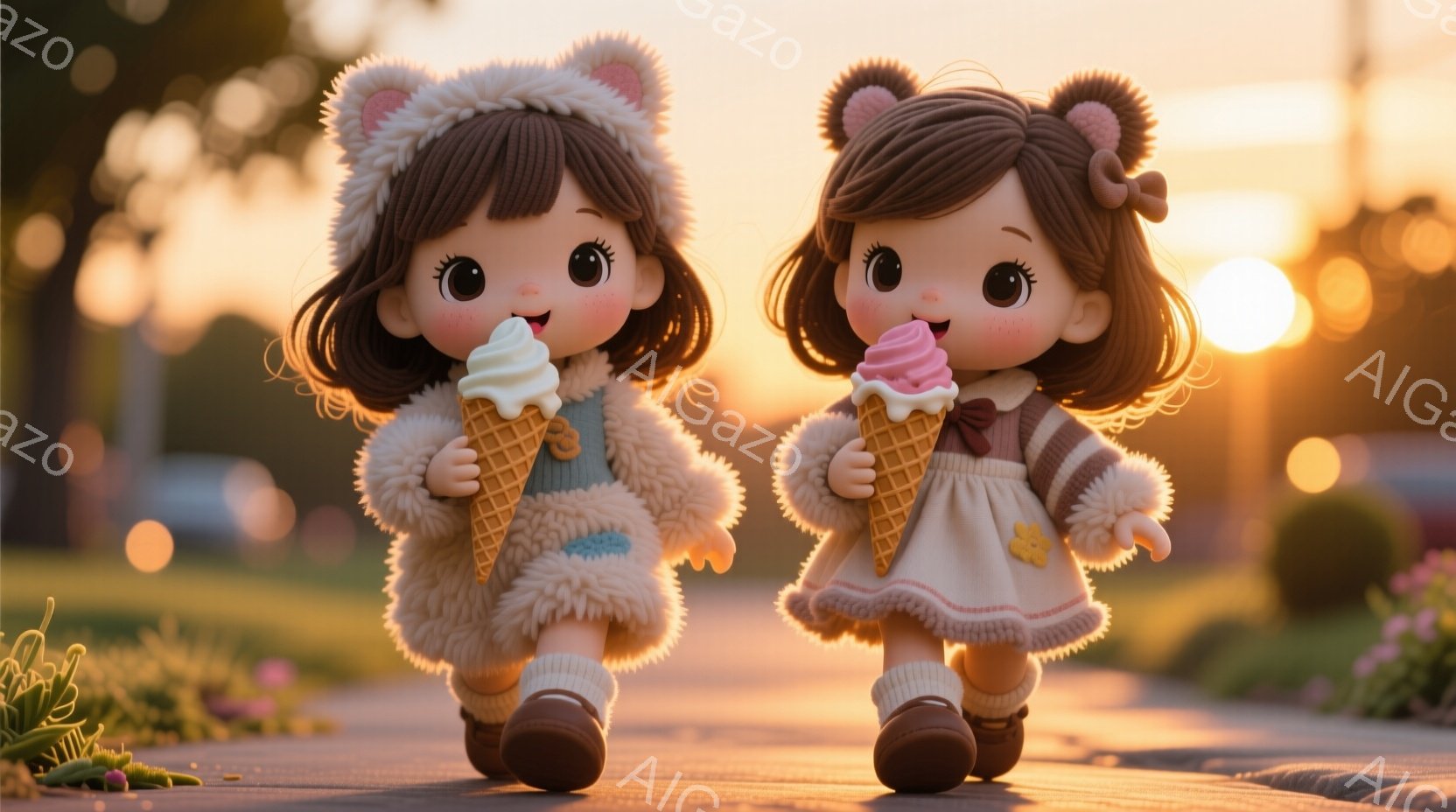 二人の幼い女の子が、アイスクリームを片手に走っています。ふわふわのクリーム色のコートに、ピンクのセーター、茶色の靴を履いており、髪は茶色でカールし、頭には小さな帽子がついています。背景には緑の芝生と、夕焼け空が広がり、暖かく可愛らしい雰囲気が漂っています。