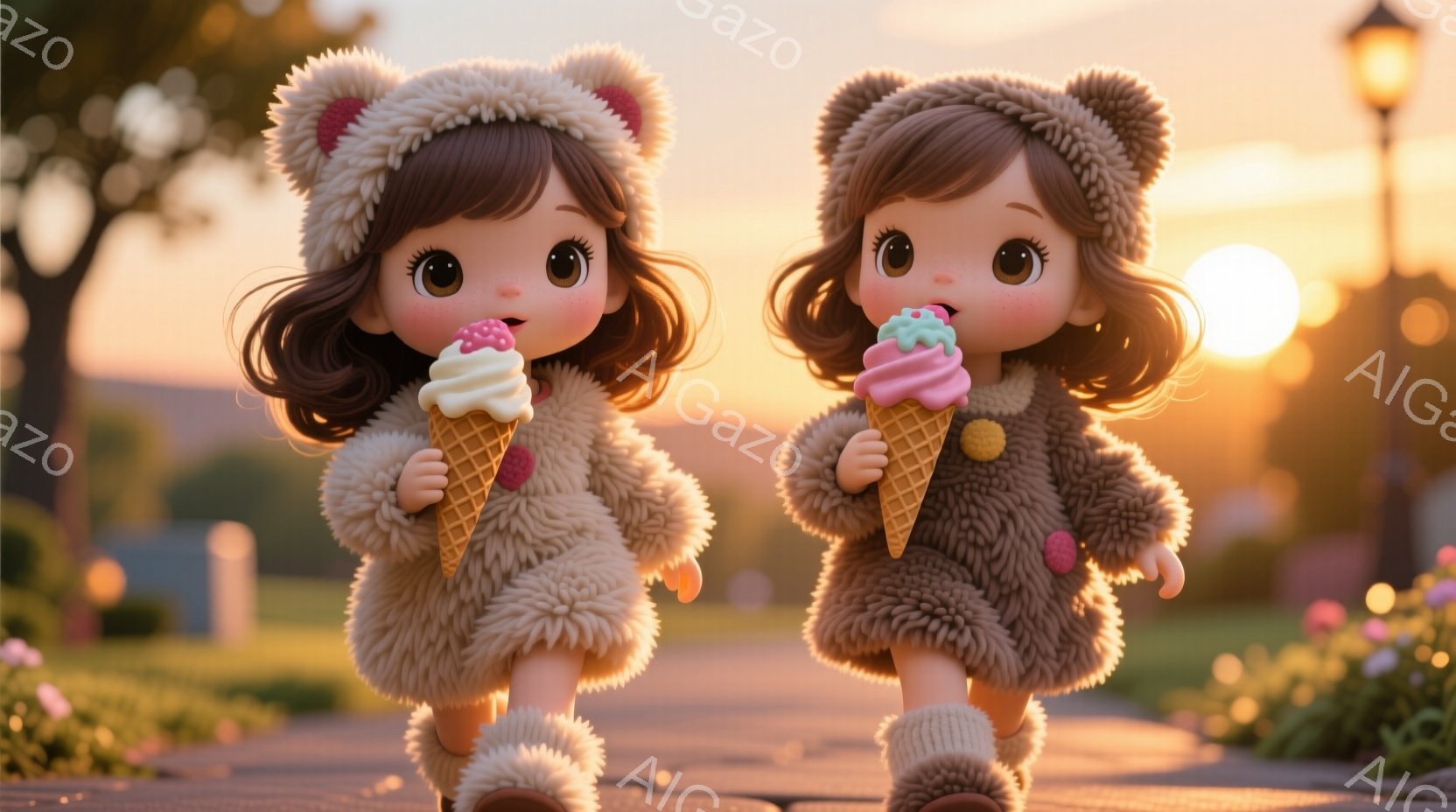 明るい日差しの公園を、可愛らしい女の子二人がアイスクリームを食べながら歩いている。ふわふわとした茶色のコートと帽子、ブーツを身につけ、髪は茶色でカールしている。背景には緑豊かな草地と木々、そして夕焼けのような暖かい光が広がり、全体的に優しい雰囲気が漂っている。