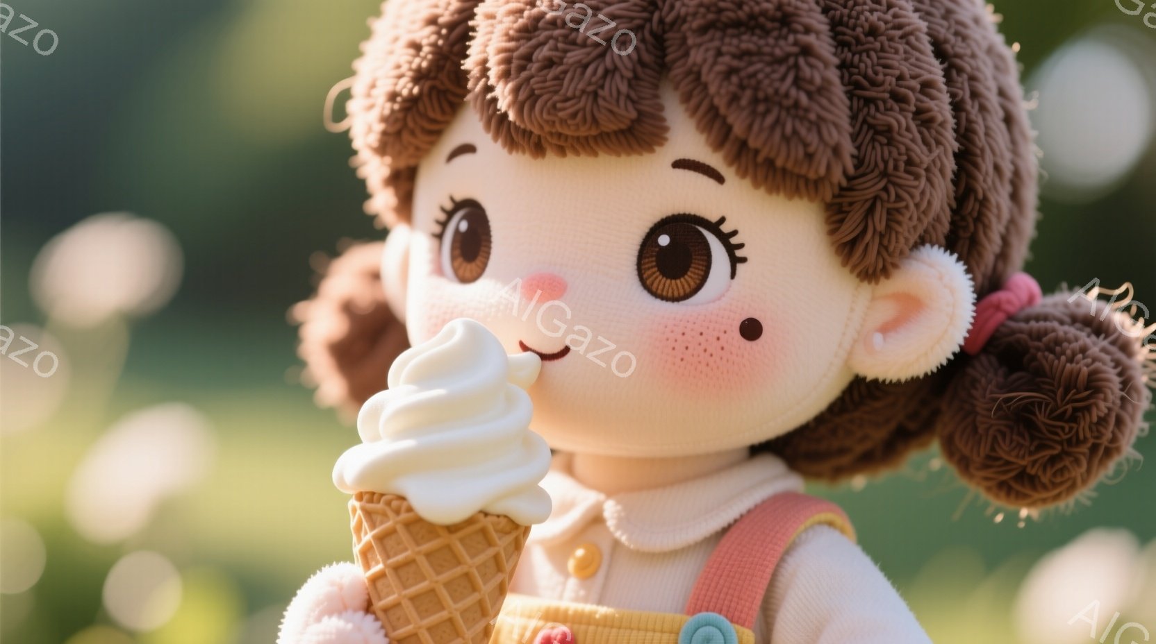 ふわふわの茶色の髪を二つのポニーテールにした少女が、ソフトクリームを手に持っています。白い長袖シャツにオレンジ色のサスペンダー、全体的に優しいパステルカラーの服装です。背景は緑豊かな自然で、ぼやけた花々が春らしい暖かく穏やかな雰囲気を作り出しています。