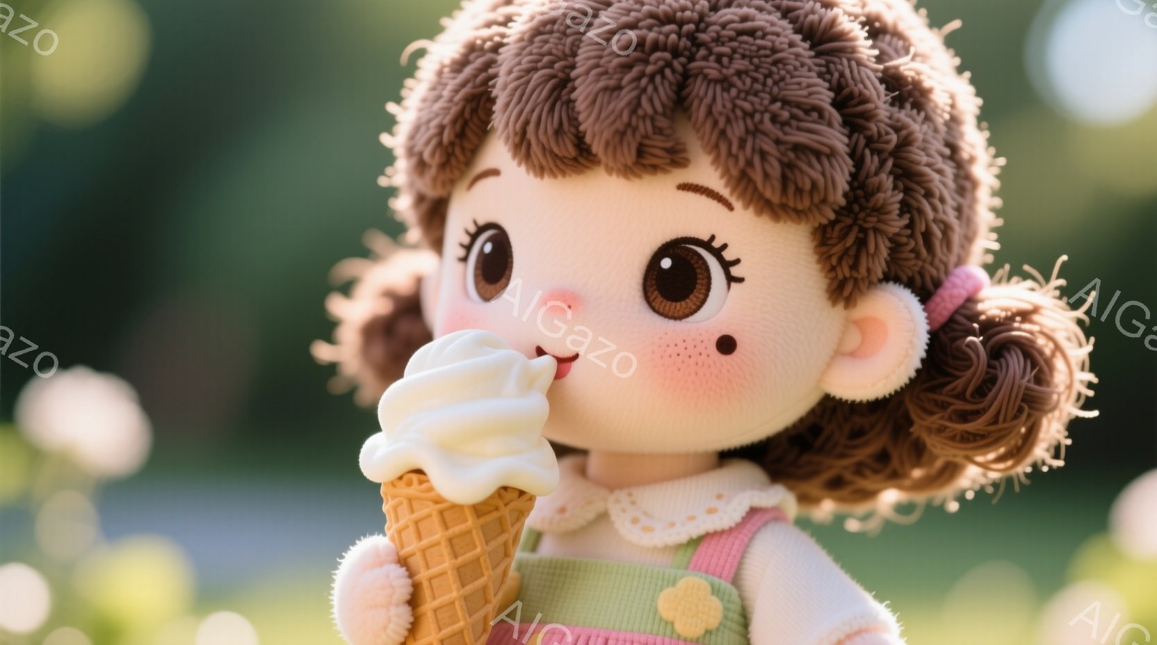 茶色い巻き毛の女の子がおいしそうにソフトクリームを食べています。緑とピンクのワンピースを着ており、頬には可愛らしい赤色のチークが入っています。背景はぼやけた緑で、柔らかく暖かい雰囲気です。 - AI生成フリー素材