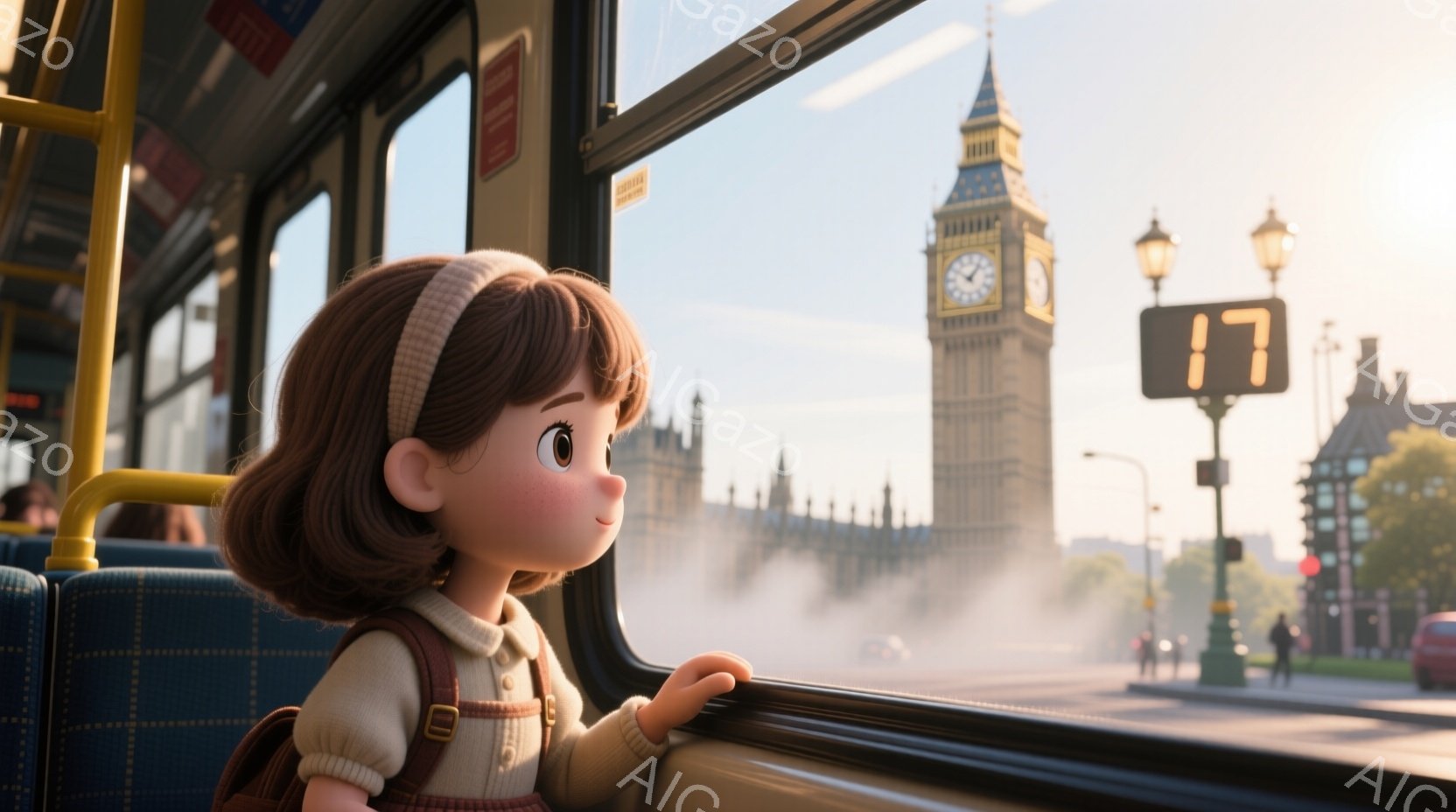 見るからに可愛らしい人形のような少女が、ロンドンのバスの中から外を眺めている。茶色の短い髪はきちんと結ばれ、ベージュ色のジャケットとワンピース姿で、背中には小さなリュックサックを背負っている。背景にはウェストミンスター宮殿とビッグ・ベンが霞の中にそびえ立ち、霧のかかったロンドンの街並みが穏やかな雰囲気を醸し出している。
