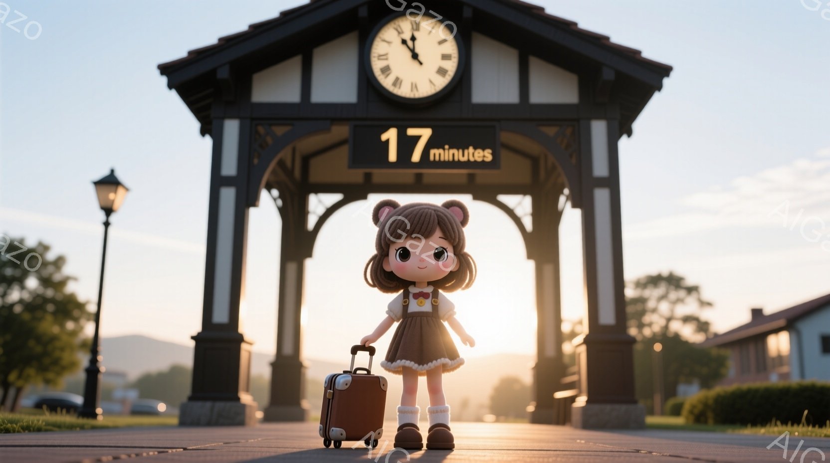 明るい日差しの下、小さな女の子が駅の入り口に立っている。茶色の髪に短いボブスタイルで、頭にはリボンと耳がついた帽子をかぶり、茶色のワンピースと白い靴下、そして可愛らしいクマのイヤリングをつけている。彼女はレトロなデザインの茶色のスーツケースを持っており、どこかへ旅行に出かけるような雰囲気で、背景には緑豊かな自然と建物が見え、全体的に温かく優しい雰囲気を感じさせる。