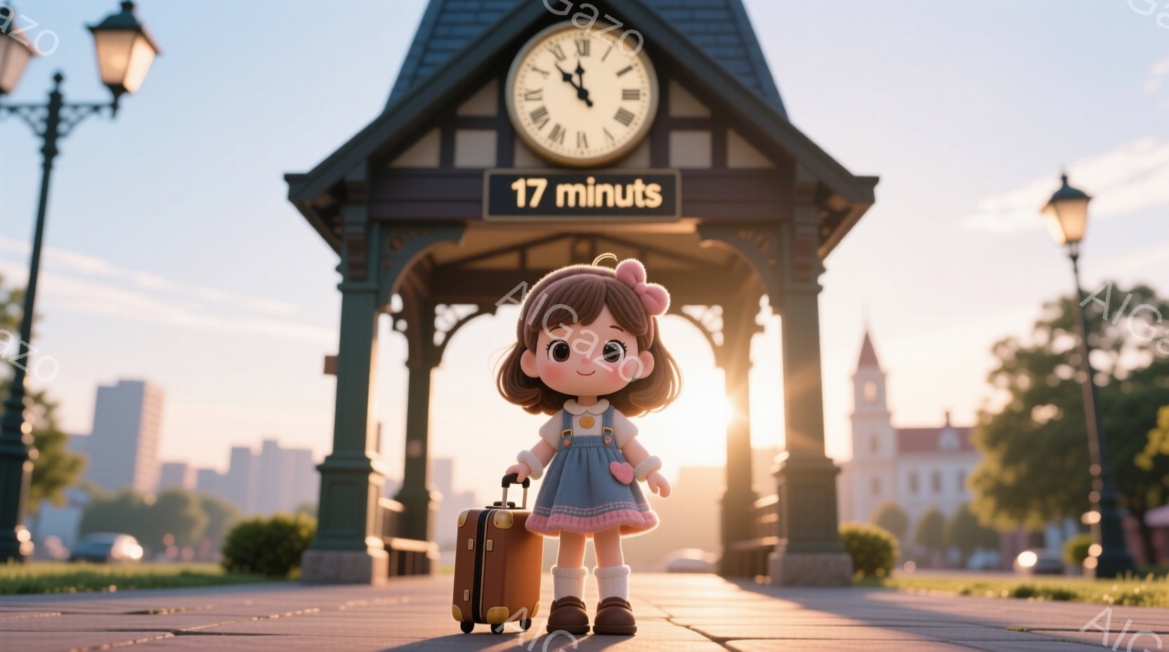 金髪の巻き毛で、ピンクのリボンをつけた可愛らしい少女が、クリーム色のワンピースと赤いサスペンダーを着ています。彼女は小さなトランクを持って、石畳の道に立っており、背景には時計台と都市の景観が見えます。全体的に暖かく、牧歌的な雰囲気が漂い、夕暮れ時の柔らかな光が印象的です。
