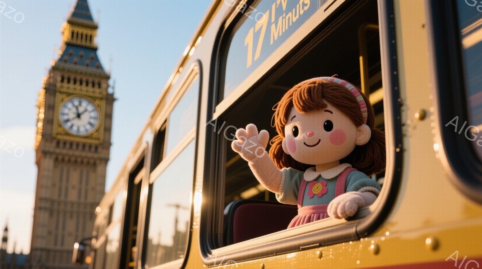 金髪の巻き毛の少女が、クリーム色の長袖シャツにピンク色のオーバーオール姿で、バスの窓から手を振っています。背景には、夕日に照らされたウェストミンスター宮殿（ビッグ・ベン）が聳え立ち、穏やかで温かい雰囲気を醸し出しています。全体的に明るい色調で、旅行や冒険といったポジティブなイメージが感じられます。