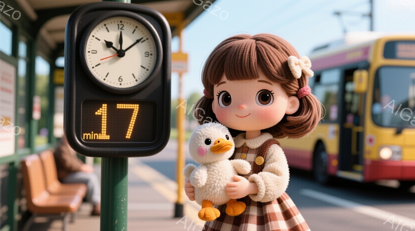 茶髪の短い巻き毛の女の子が、チェック柄のワンピースを着て、可愛らしいアヒルのぬいぐるみを抱えています。彼女は少し微笑んでおり、背景にはバス停と黄色いバス、そしてぼやけた背景が見えます。 全体的に暖かく、愛らしい雰囲気の画像です。