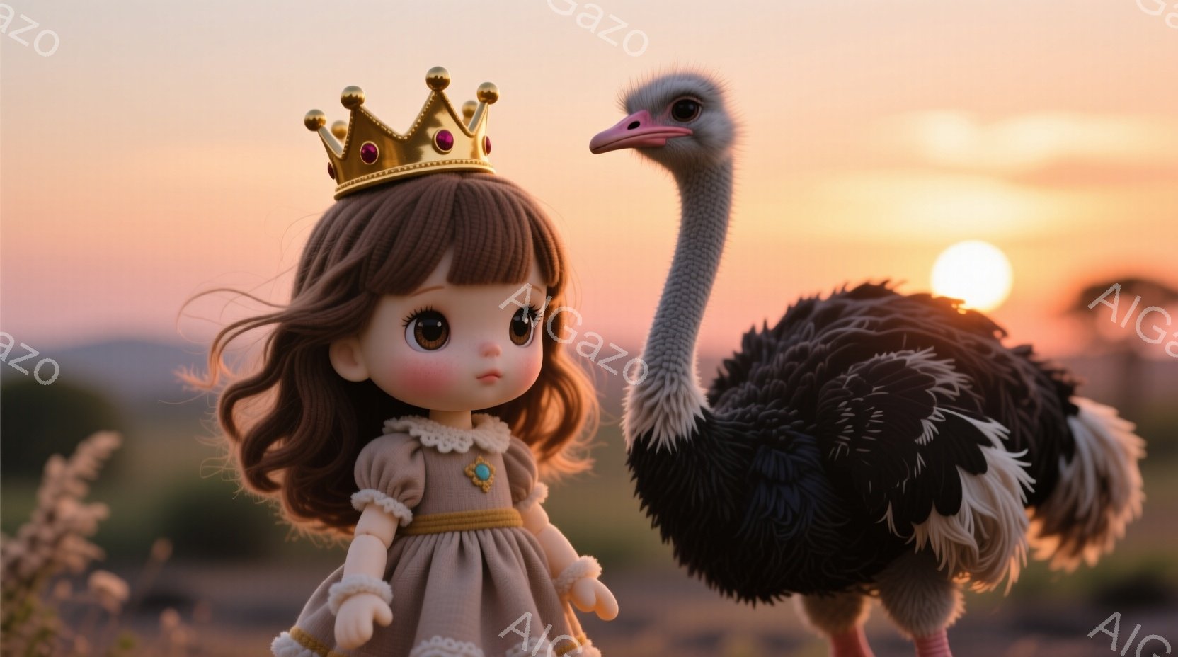 金色の王冠を被った茶色の髪の少女の人形が、淡いベージュ色のドレスを着ています。人形は少し微笑んでおり、正面をまっすぐ見ています。背景には、夕焼け空の下、草が生い茂る大地と遠くに見える山々があり、その隣には大きなダチョウが立っています。