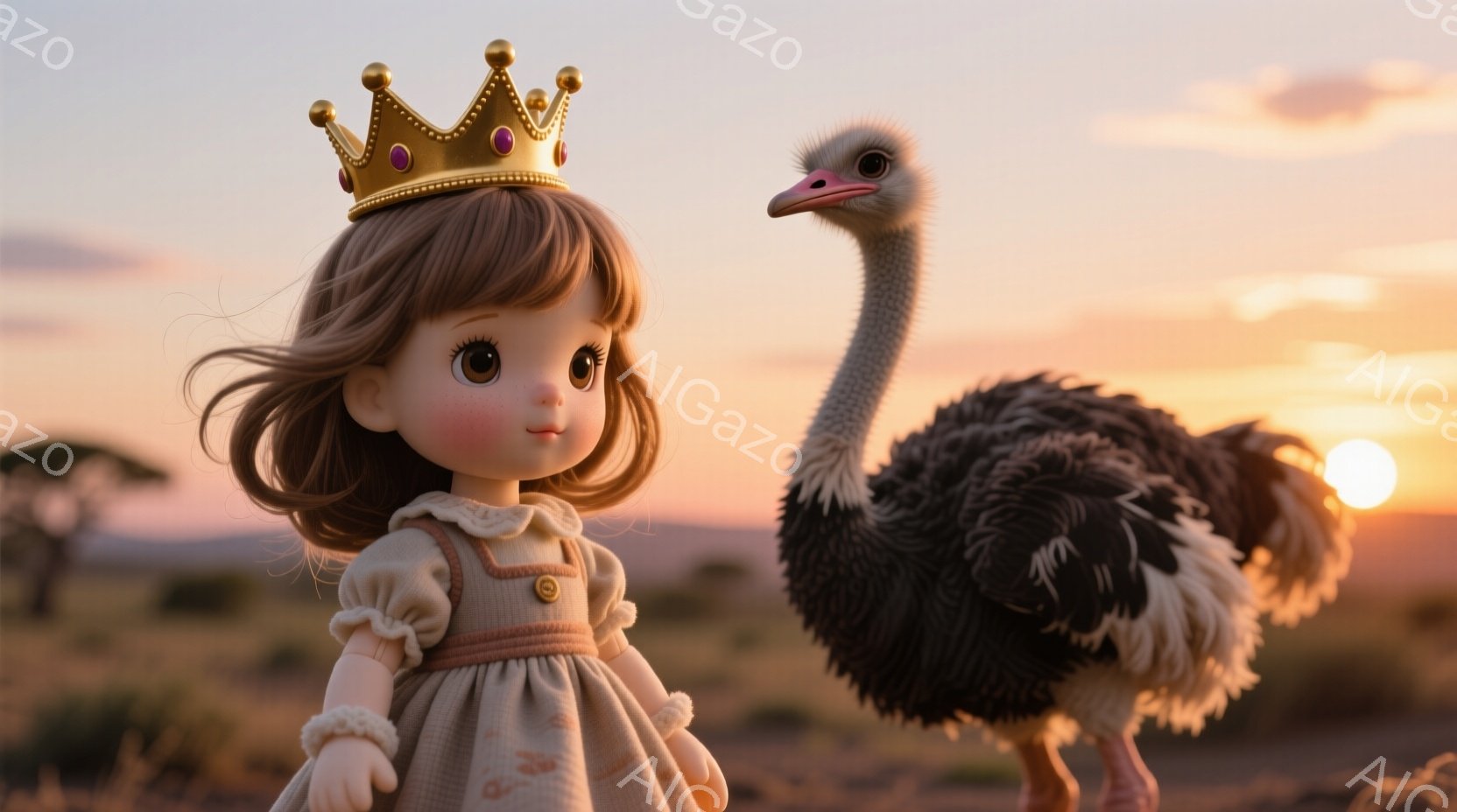 金色の王冠を被った茶色の巻き毛の少女が、クリーム色のフリル付きのワンピースを着ています。彼女は少し微笑んでおり、視線は少し下を向いています。背景は夕焼けに染まるサバンナで、遠くには山々が見え、大きなダチョウが少女の隣に立っています。