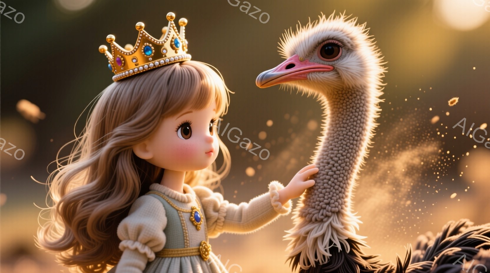 金色の王冠をつけた、巻き毛の金髪の少女が、薄緑色のドレスを着ています。彼女は片手を伸ばし、オストリッチの首に触れようとしています。背景は夕焼けのような暖色系の自然で、オストリッチの周りには砂埃が舞い上がっています。