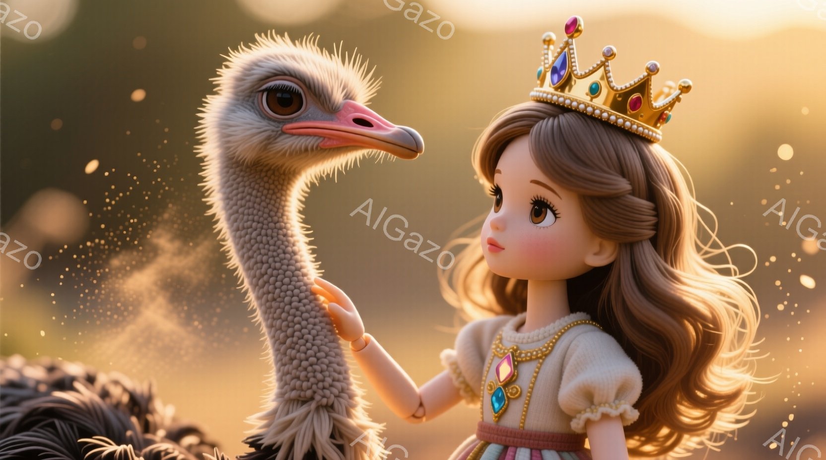 金色の王冠をかぶった少女が、大きなダチョウの首に手を添えています。少女はクリーム色のパフスリーブのドレスと、宝石のような装飾が施されたネックレスを着ており、巻き毛の茶髪が特徴的です。背景は夕焼けのような暖色系の色合いで、ほのかに砂塵が舞い、ファンタジーのような雰囲気を醸し出しています。