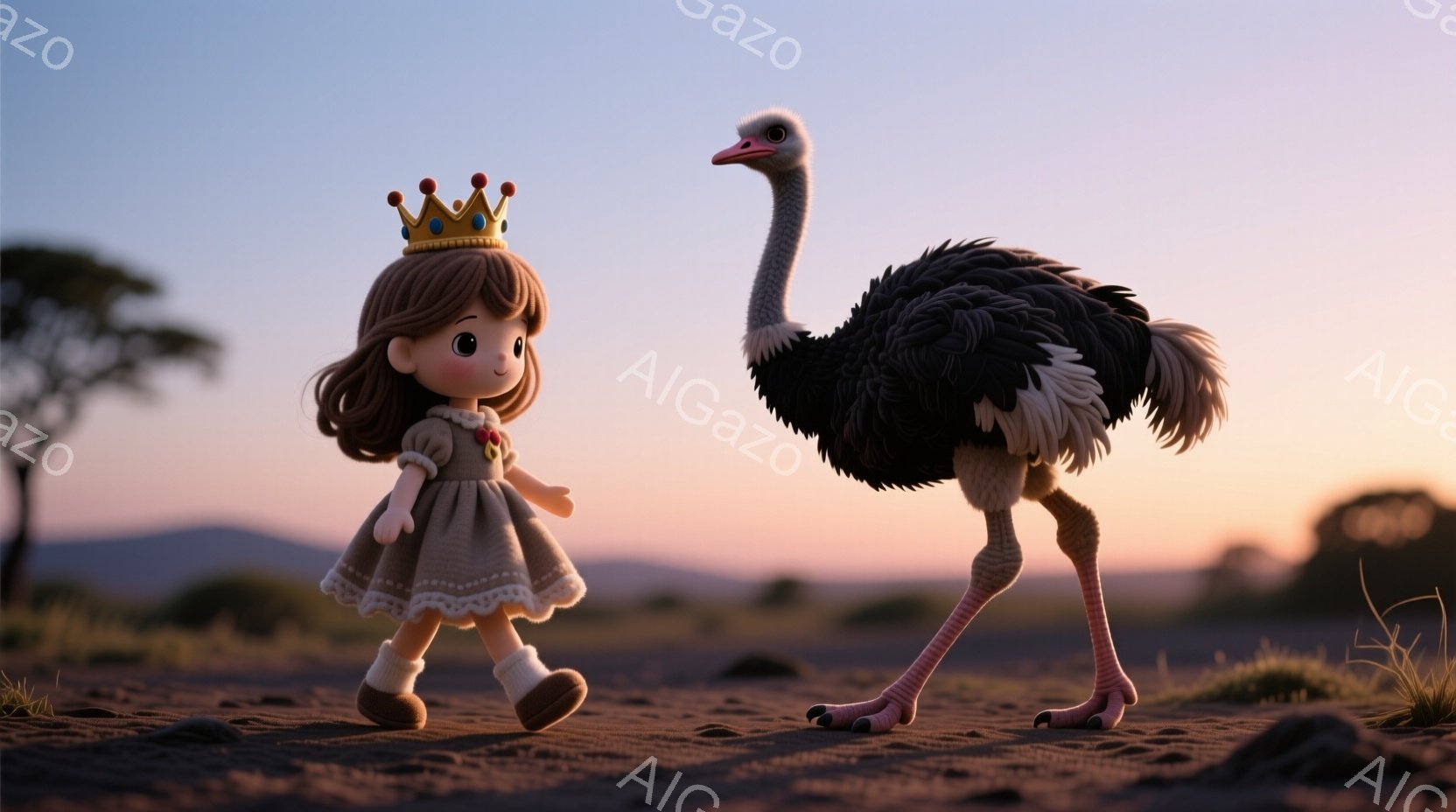 茶色の巻き毛の少女は、クリーム色のフリル付きドレスと白い靴を身につけ、頭には小さな金色の王冠を載せています。彼女は砂の上を歩いており、表情ははっきりとは見えませんが、どこか控えめな印象を与えます。背景には、夕焼け空の下、サバンナのような景色が広がり、遠くに山の稜線が見えます。