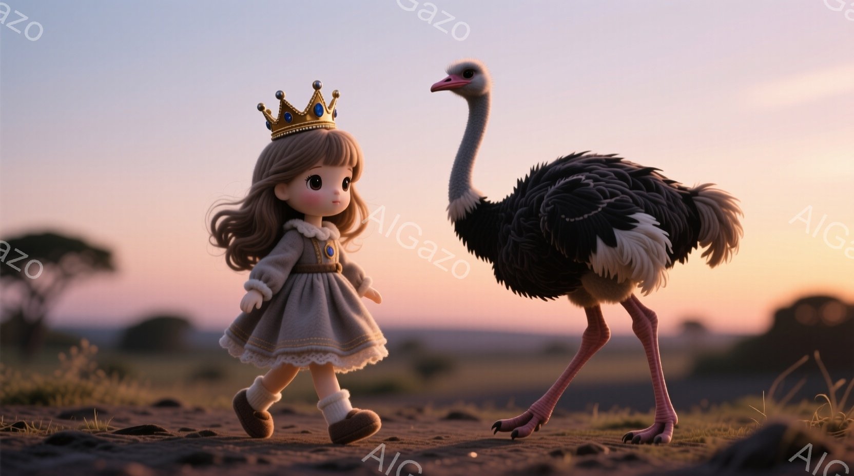 茶色のカールした髪に金色の王冠をつけた少女が、薄茶色のワンピースと白いブーツを着て、砂地の地面を歩いています。背景には、夕焼け空の下、まばらに木々が広がり、遠くには地平線が見えます。全体的に、ファンタジーと現実が融合した、少し不思議で穏やかな雰囲気です。