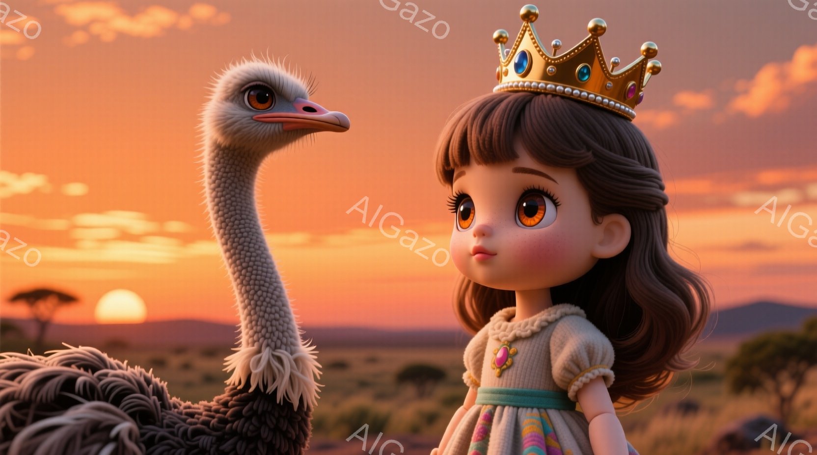 茶色の巻き髪にティアラをつけた幼い少女が、パステルカラーのワンピースを着ています。彼女は少し恥ずかしそうな、あるいは控えめな表情をしています。背景にはサバンナのような風景が広がり、夕焼けがオレンジ色に空を染め、遠くにシルエットの木々が見えます。