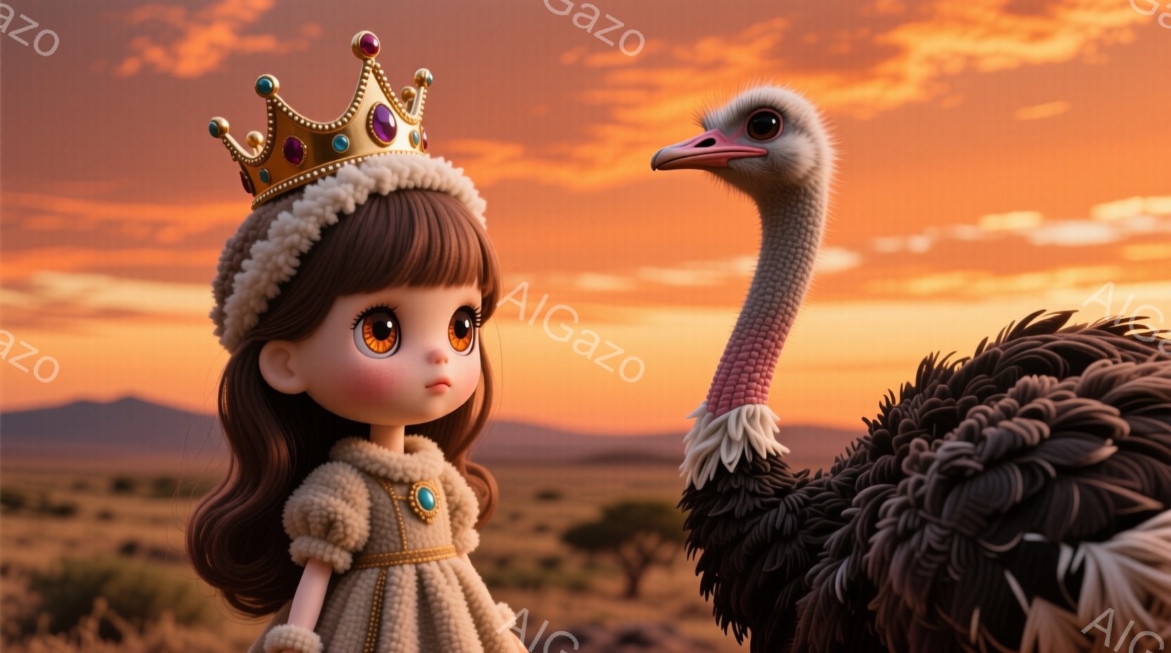 茶色の巻き髪に王冠をつけた可愛らしい女の子が、ふわふわしたベージュのワンピースを着ています。彼女の大きな瞳は輝き、少し微笑んでいるように見えます。背景には乾燥したサバンナのような風景が広がり、オレンジと黄色の夕焼け空の下、大きなダチョウが隣に立っています。