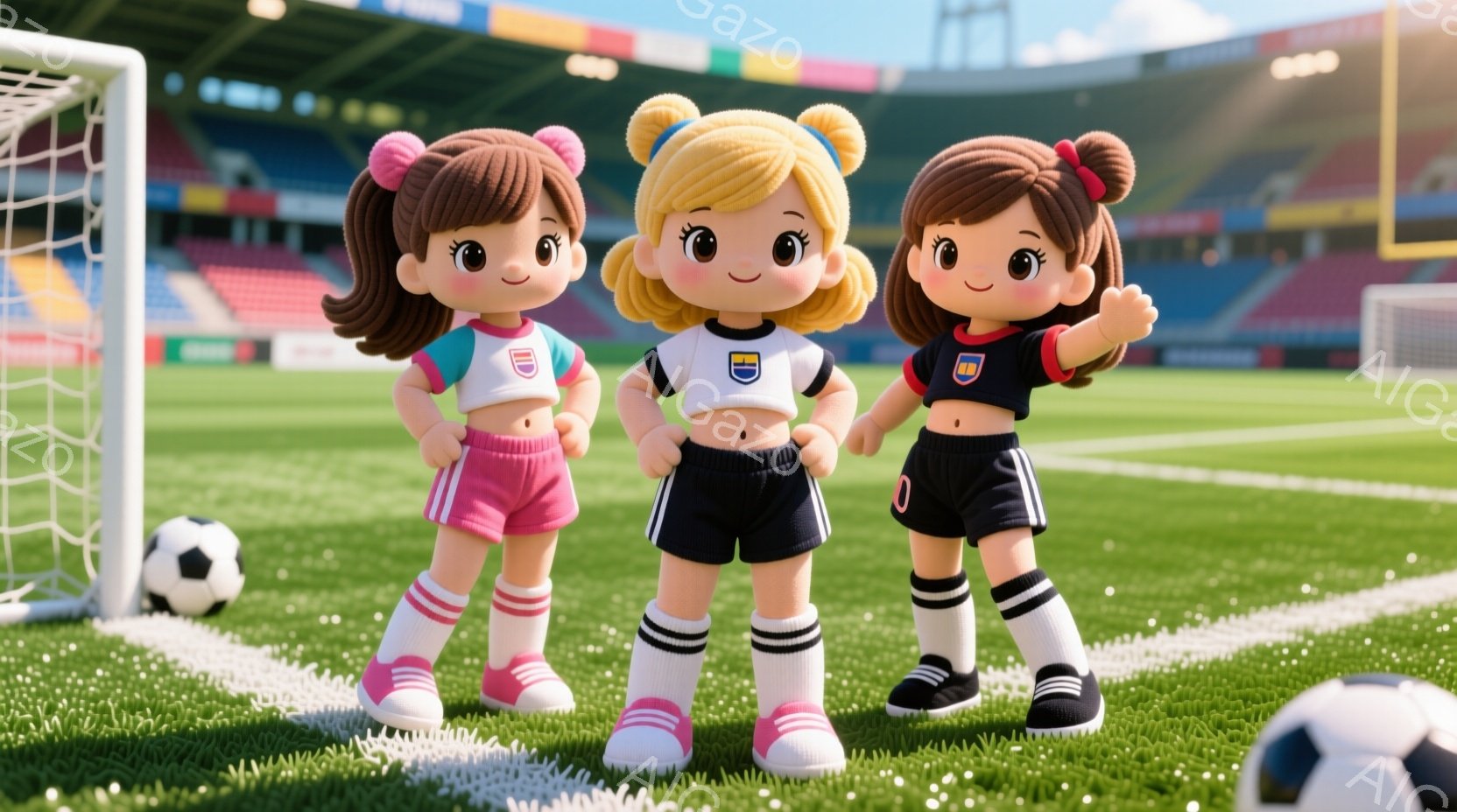 サッカー場の緑の芝生の上に立つ、可愛らしいアニメ風の女の子3人が描かれています。それぞれピンク、黒、赤のサッカーユニフォームを着ており、白いハイソックスとスニーカーを履いています。背景には、カラフルな観客席と青空が見え、全体的に明るく活気のある雰囲気が漂っています。