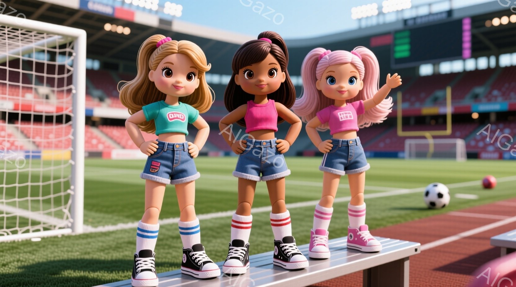 3人の女の子がサッカー場のトラック上に立っている。それぞれデニムショートパンツに、白いライン入りの赤いソックス、スニーカーを履き、短いトップスを着ている。背景には緑のサッカー場と観客席が見え、晴れた日の活気ある雰囲気が漂っている。