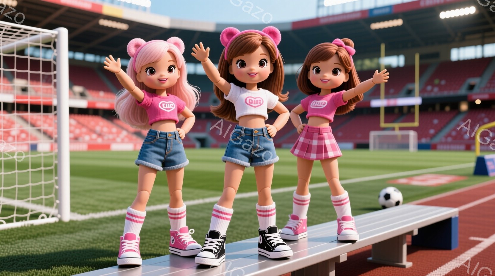 可愛らしい女の子が二人、サッカー場のベンチに立っています。二人は短い丈のトップスにデニムのショートパンツ、そして白いハイソックスとスニーカーを履いており、活発な印象です。背景には緑の芝生と観客席が見え、サッカー場であることがわかります。