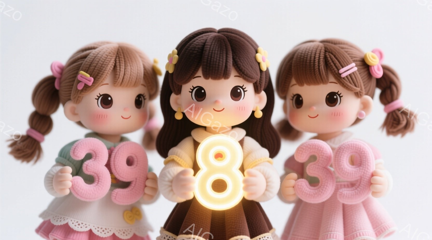 ３人の可愛らしい女の子が並んで立っており、それぞれピンクのワンピースを着ています。彼女たちは茶色の巻き毛の髪に大きな目を持ち、明るい笑顔を浮かべています。彼女たちの間には、光る数字の「39」「8」「39」が配置されており、誕生日や記念日を祝う雰囲気が漂っています。