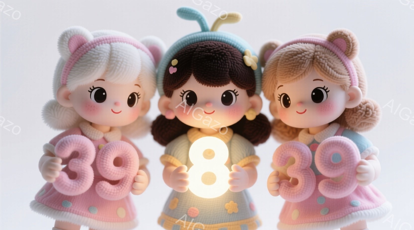 ３人の可愛らしい少女たちが、それぞれ「39」「8」「39」の数字を抱えています。少女たちはパステルカラーのニット素材のワンピースを着ており、それぞれ異なる髪型とアクセサリーをしています。背景は白く、全体的に暖かく、夢のような雰囲気を醸し出しています。