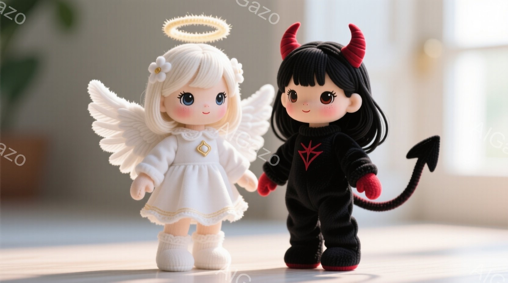 白い服を着た天使のような人形と、黒い服を着た悪魔のような人形が並んで立っています。天使の人形は金色の光輪をつけ、白いふわふわの髪と優しい表情をしています。背景はぼやけた室内で、柔らかい光が差し込んでおり、可愛らしい雰囲気を醸し出しています。