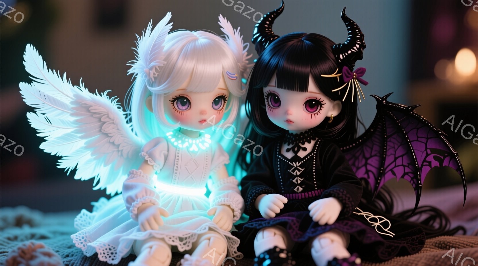 白い髪の天使のような少女と、黒い髪の悪魔のような少女が並んで座っています。天使の少女は白いレースのドレスを身につけ、大きな白い羽根を持っています。悪魔の少女は黒いドレスを着ており、背中には紫色の翼があります。