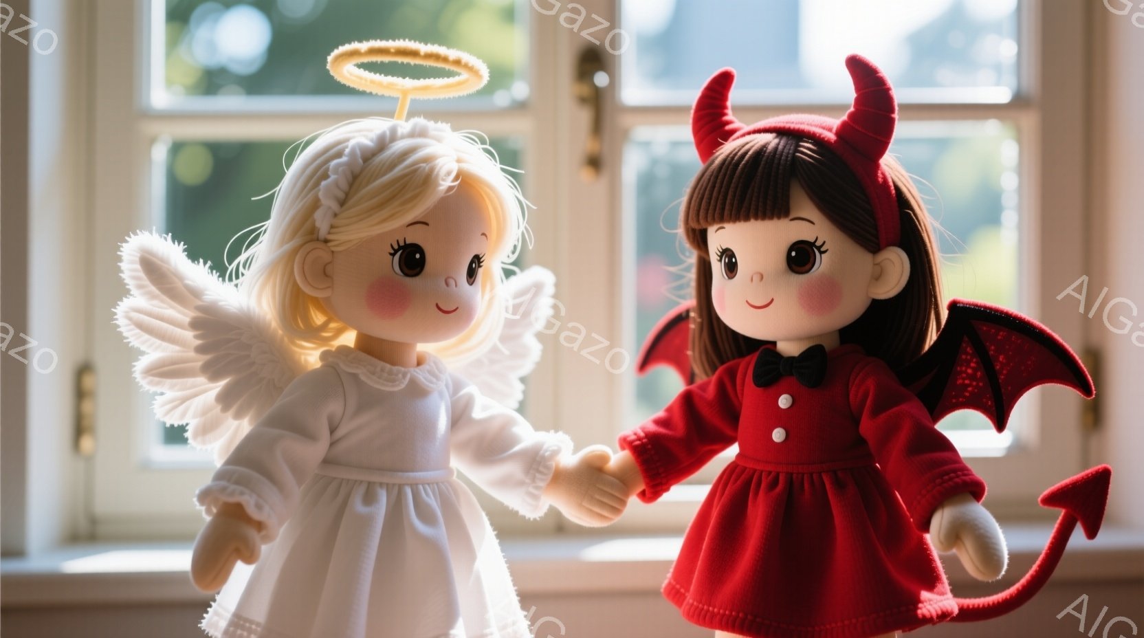 天使と悪魔の人形が手をつないで立っています。天使は白いドレスを着ており、金色の髪と優しい表情をしています。背景には木々の緑が見え、窓枠が確認でき、穏やかで平和な雰囲気が漂っています。