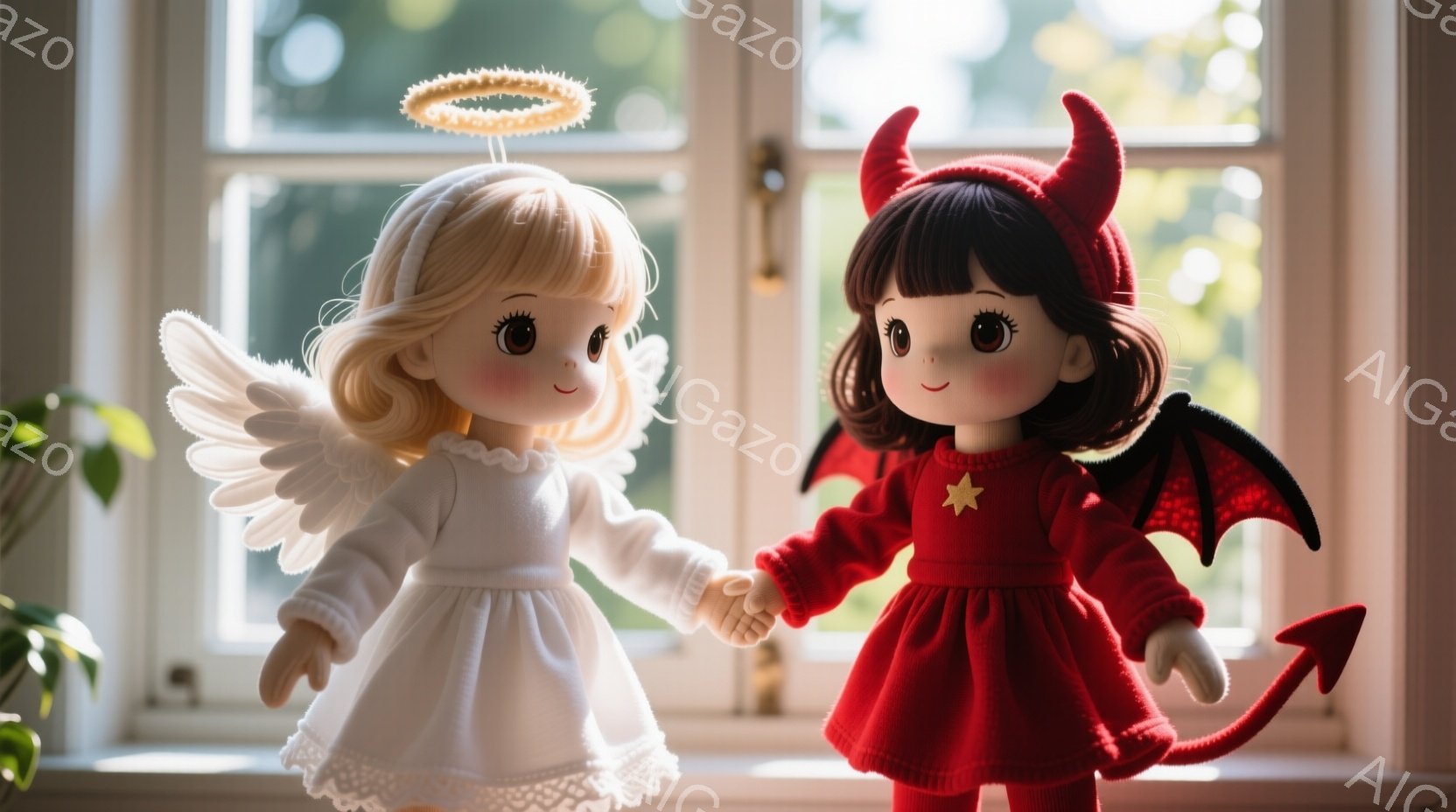 明るい光の中で、天使と悪魔の姿をした人形が手をつないで立っています。天使は金髪で白いドレスと翼を身につけ、悪魔は黒髪で赤い服、翼、そして尻尾を持っています。背景には窓と緑の植物が見え、全体的に温かく、少し幻想的な雰囲気です。