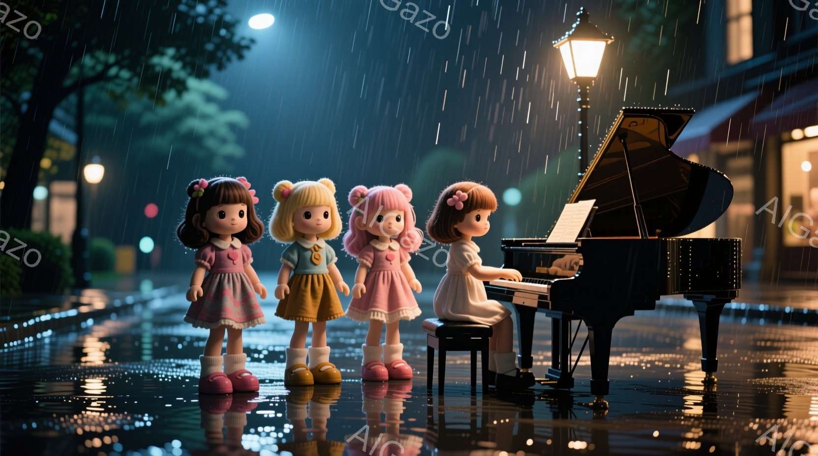 雨の夜に屋外に置かれた4体の小さな人形が写っています。3体の人形はそれぞれ異なる色の可愛らしいワンピースを着ており、髪型も異なりますが、皆同じ大きな瞳を持っています。背景には雨に濡れた道路、ぼんやりと光る街灯、そしてピアノが置かれています。