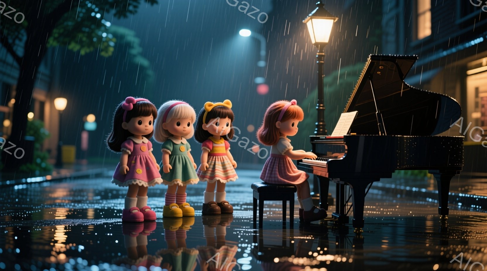降雨の夜、三人の少女とピアノが描かれている。三人の少女はそれぞれピンク、茶色、金色の髪で、カラフルなドレスを身に着けており、ピアノを弾く少女を見つめている。背景には、雨に濡れた石畳の道、ぼんやりとした街灯、そしてぼやけた建物のシルエットが見え、全体的にノスタルジックで幻想的な雰囲気を醸し出している。