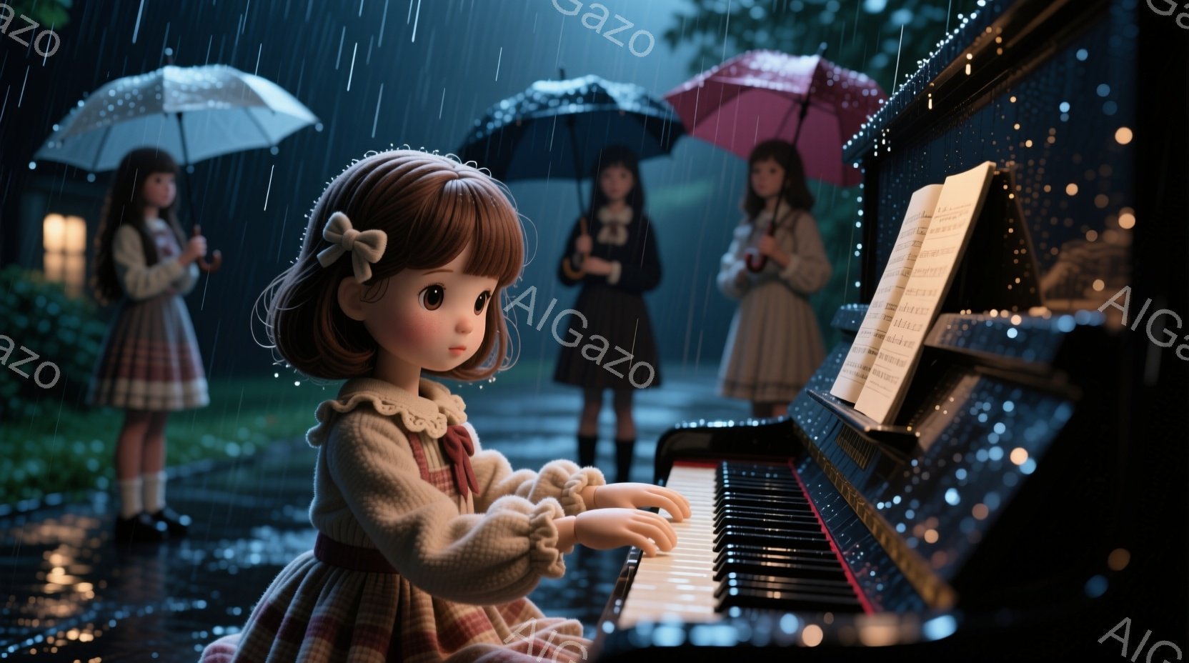 雨が降る夜の情景で、少女がピアノを弾いています。少女はクリーム色のセーターとチェック柄のスカートを身につけ、髪はリボンで結ばれています。背景には、傘をさした他の少女たちが立っており、遠くにはぼんやりと街の明かりが見えます。
