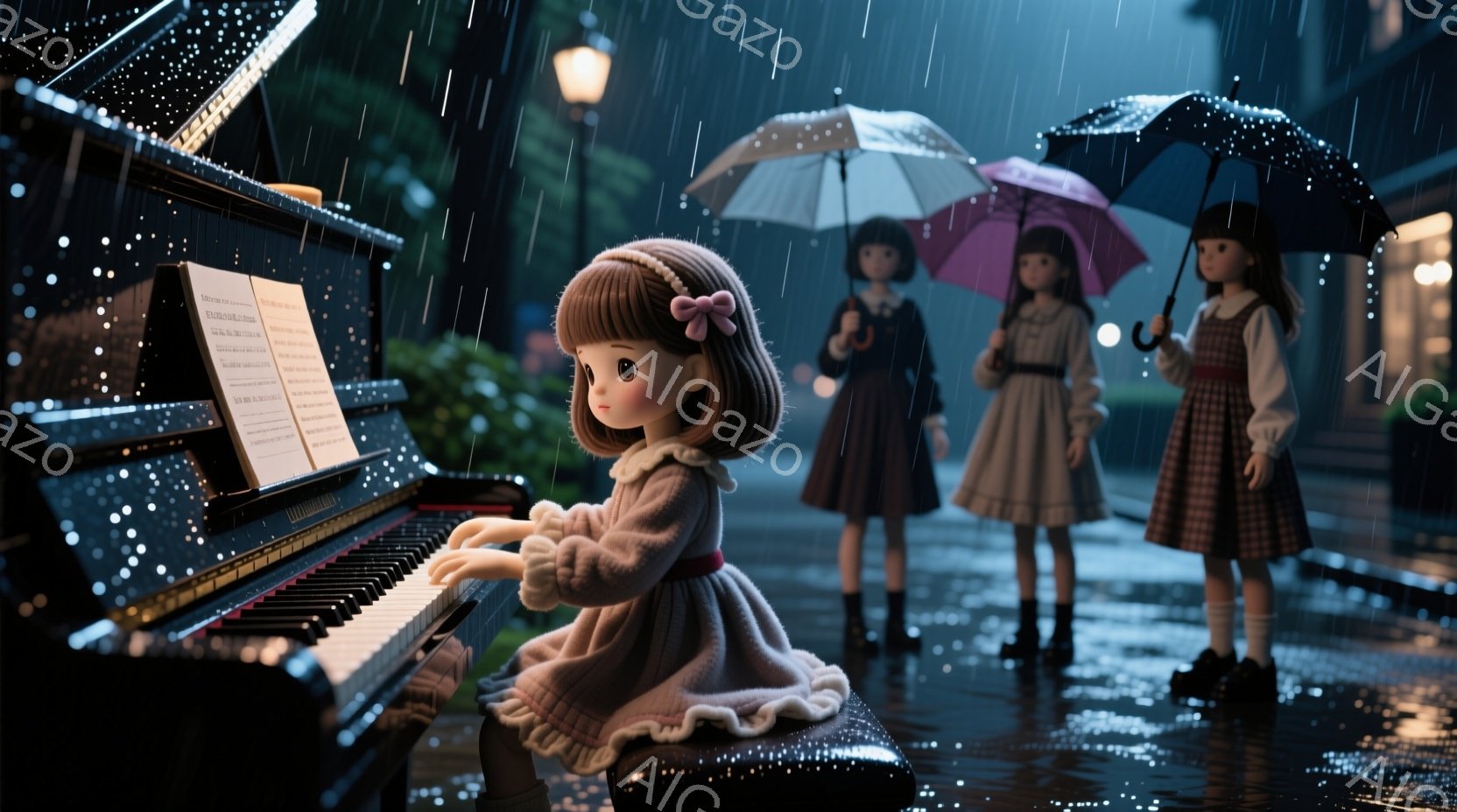 雨が降る夜、ピアノを弾く少女が描かれています。彼女はふわふわの茶色の髪にピンクのリボンをつけ、薄いピンク色のドレスを着ています。背景には、傘をさした3人の少女たちが濡れた道端に立っており、全体的にしっとりとした、どこかノスタルジックな雰囲気が漂っています。
