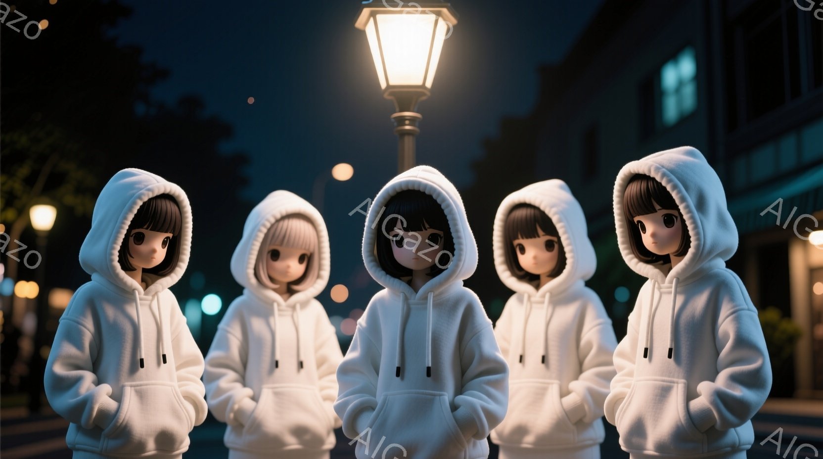 五人の少女が夜の街に並んで立っている。全員白いフード付きのスウェットシャツを着ており、黒い髪をフードの下で隠している。背景には建物と街灯があり、夜の静かで少し不気味な雰囲気を醸し出している。 - AI生成フリー素材