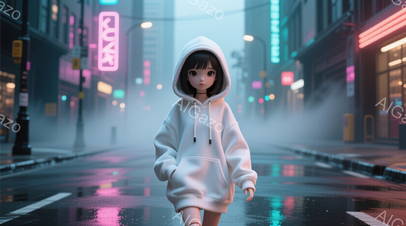 少女は白いフード付きのセーターを着て、雨上がりの街を歩いている。彼女は黒髪で、前髪は目に届く程度に切り揃えられている。背景にはネオンが輝くビルが立ち並び、霧が立ち込めているため、全体的に幻想的で少し寂しげな雰囲気が漂っている。