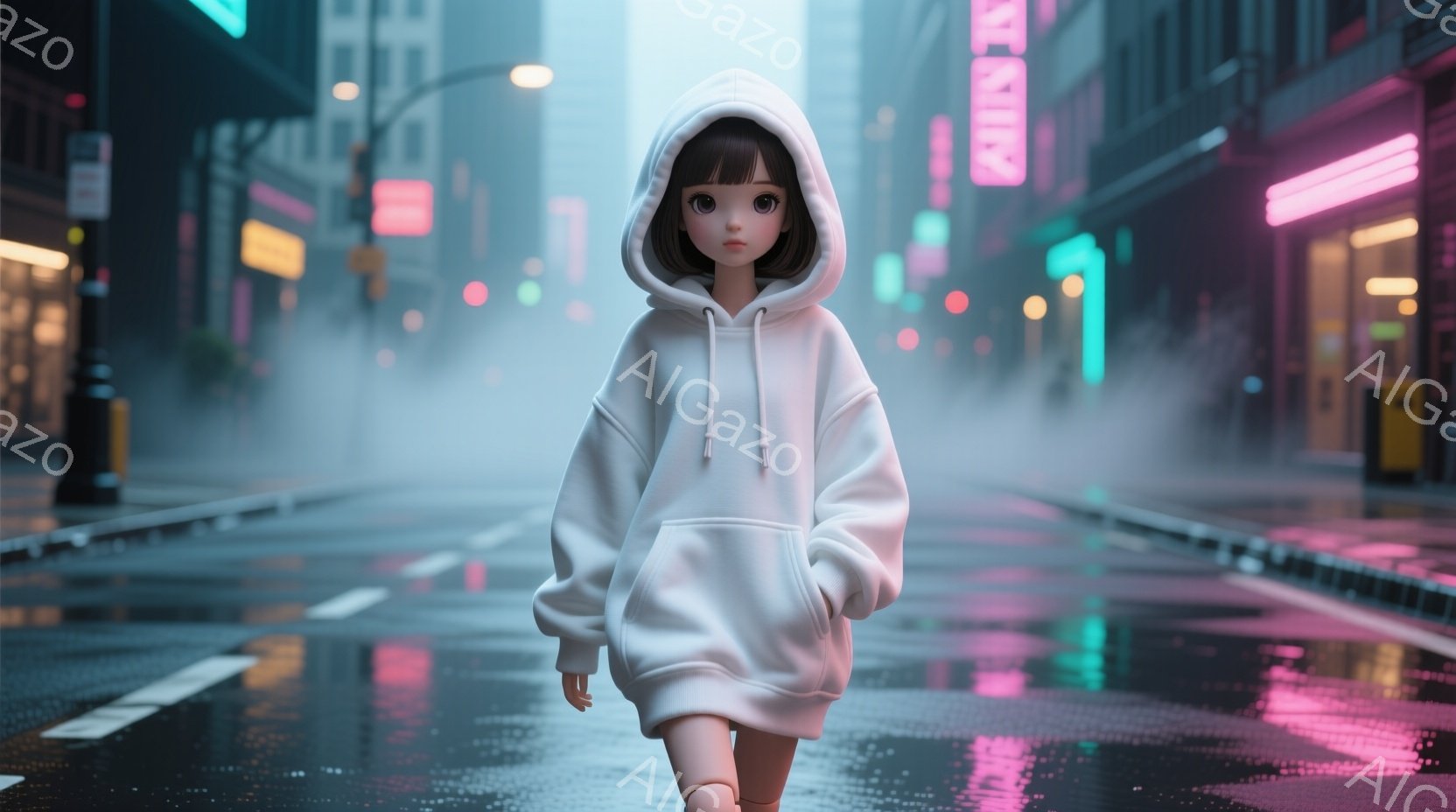 白いパーカーを着た若い女性が、雨上がりの都市の路上に立っている。彼女は短い茶色の髪をしており、やや下を向いているため表情ははっきりしないが、どこか物憂げな雰囲気が漂う。背景にはネオンサインが輝く建物が - AI生成フリー素材