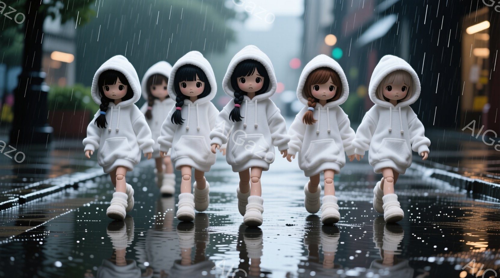白いパーカーとブーツを身につけた人形が5体、雨の日に道路を歩いている。人形たちは皆、同じ服装で、黒い髪、つり上がった目、無表情な顔をしている。背景は雨に濡れた道路とぼやけた建物で、全体的に寂しげで幻想的な雰囲気である。