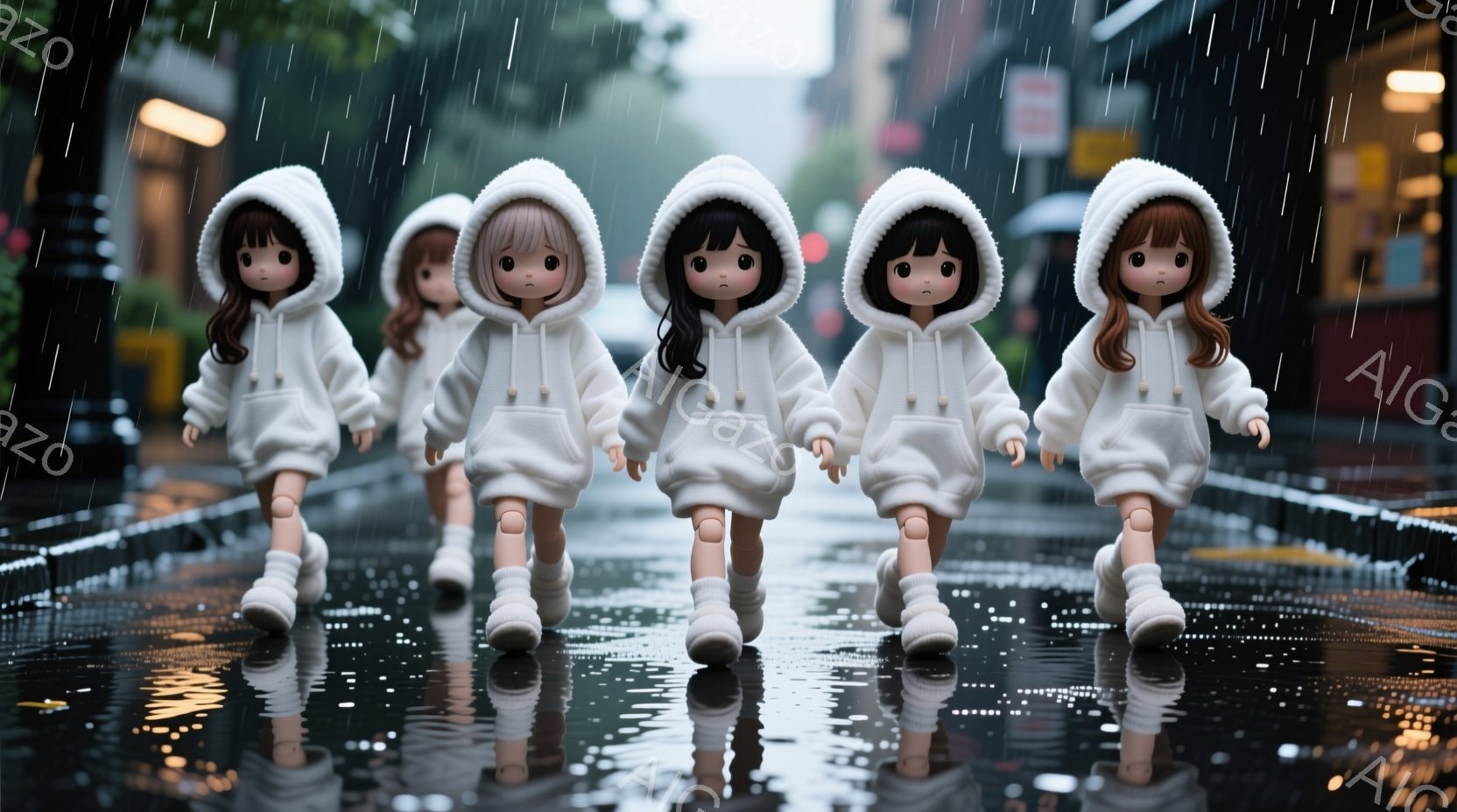 雨が降る街並みを、白いパーカーを着た５人の人形が歩いている。人形たちは皆、短い茶色または黒色の髪を持ち、無表情な顔をしている。濡れたアスファルトの道が、雨粒とともに反射している様子が、少し寂しげで幻想的な雰囲気を醸し出している。