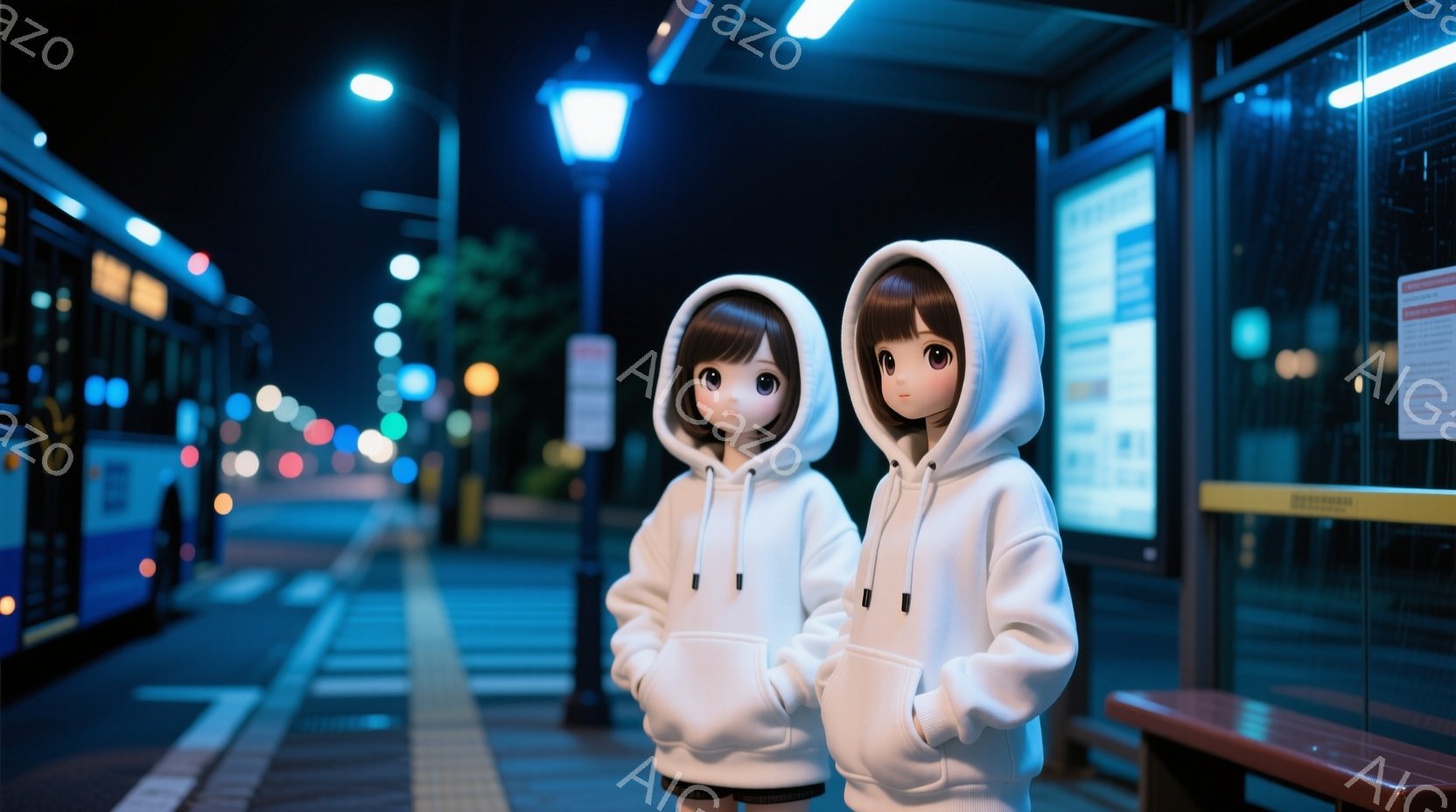 白いフード付きのセーターを着た、つるりとした肌を持つ若い女性のドールが二人写っています。彼女たちは両手をポケットに入れ、まっすぐ正面を見ており、無表情です。背景には、夜の鉄道の駅が見え、プラットフォームとぼやけた電車のライトが夜空を照らしています。