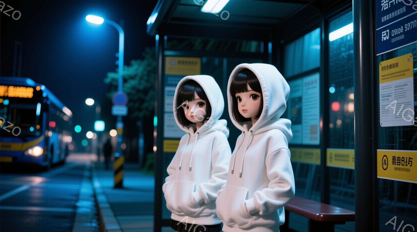 2人の少女がバス停で並んで立っている。彼女たちは白いパーカーを着ており、髪は黒く、顔色は青白い。背景には、夜の街並みとバス停の標識、そしてぼやけたバスが見える。