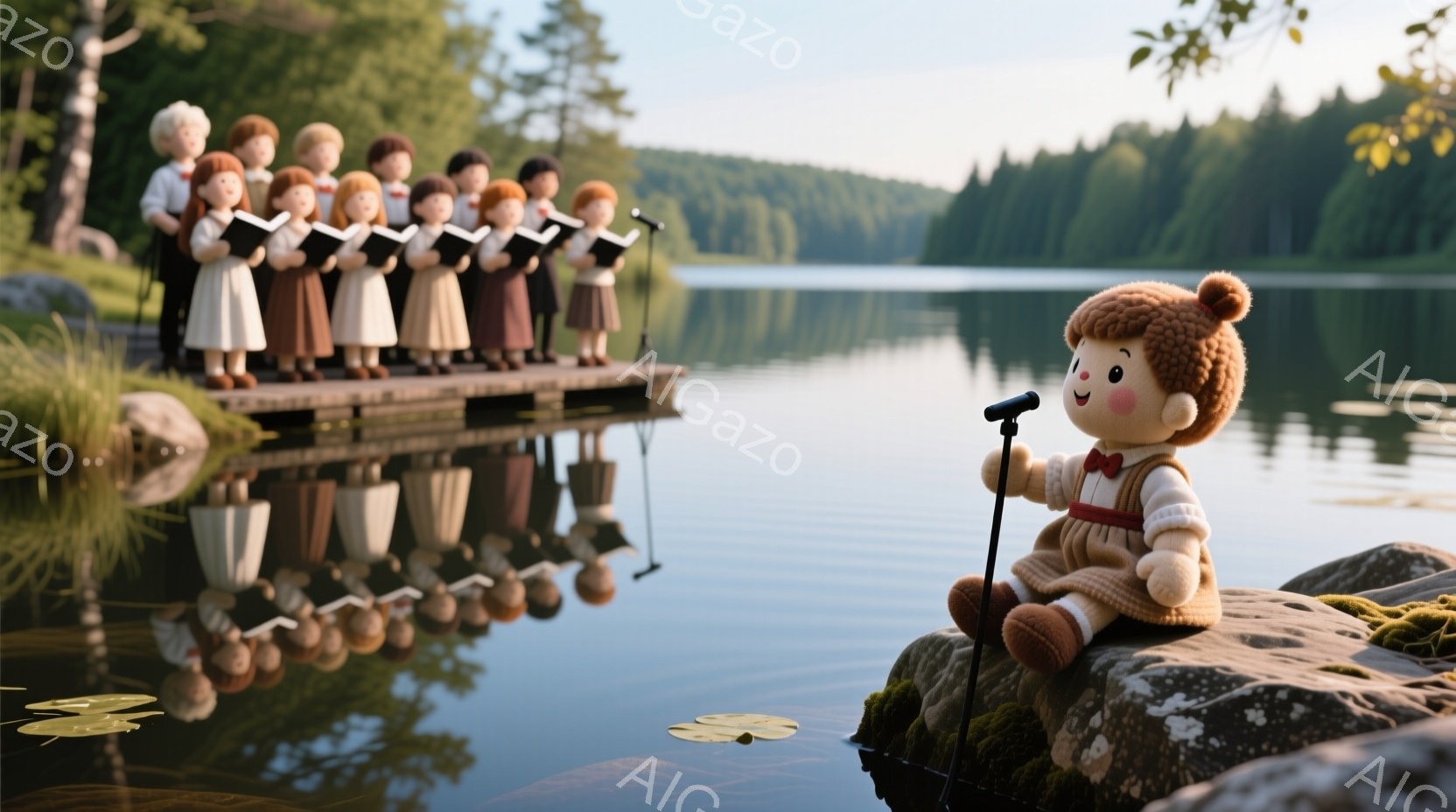 湖のほとりに、カラフルな衣装を着た人々が整然と並び、楽譜を見ながら合唱している様子が描かれている。湖面には彼らの姿が映り込み、背景には緑豊かな森林が広がっている。前景には、麦わら帽子を被り、マイクに向かって歌う可愛らしい人形が岩の上に座っており、穏やかで平和な雰囲気を醸し出している。