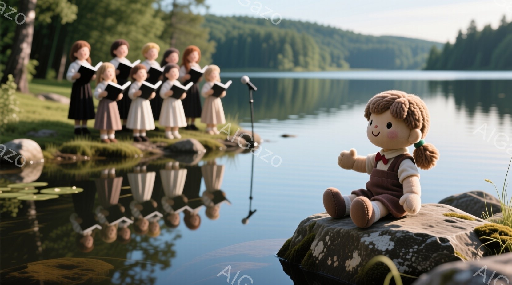 湖のほとりで、少女のような人形が岩の上に座り、両手を広げて微笑んでいます。背景では、かわいらしいドレスを着た少女たちが合唱団のように並び、歌っているようです。晴れた日の穏やかな湖畔で、自然に囲まれた静かで優しい雰囲気です。
