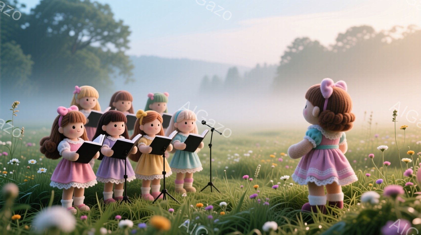 花畑の中で、ピンク、紫、黄色、緑色のドレスを着た少女たちが賛美歌を歌っている様子が描かれています。少女たちは皆、カールした髪で、同じように楽譜を見ながら姿勢良く立っています。背景には霧のかかった緑豊かな風景が広がり、穏やかで夢幻的な雰囲気を醸し出しています。