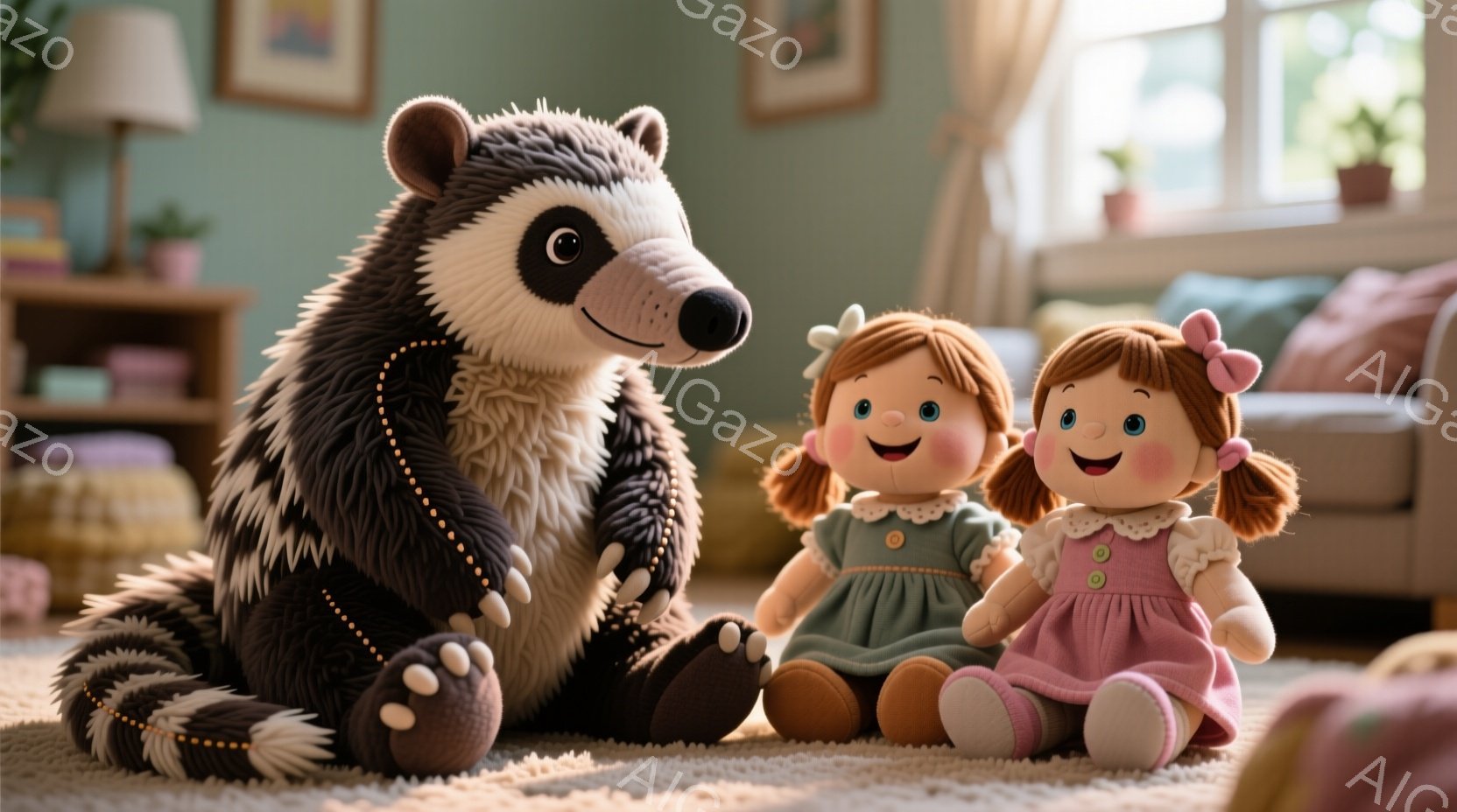 大きなアライグマのぬいぐるみと、2体の女の子の人形が、明るいリビングの床に座っている。人形はそれぞれ緑色とピンク色のドレスを着ており、明るい茶色の巻き毛の髪にはリボンが付いている。背景には、絵画や植物が飾られた壁、そして穏やかな雰囲気が漂う居間の一部が見える。