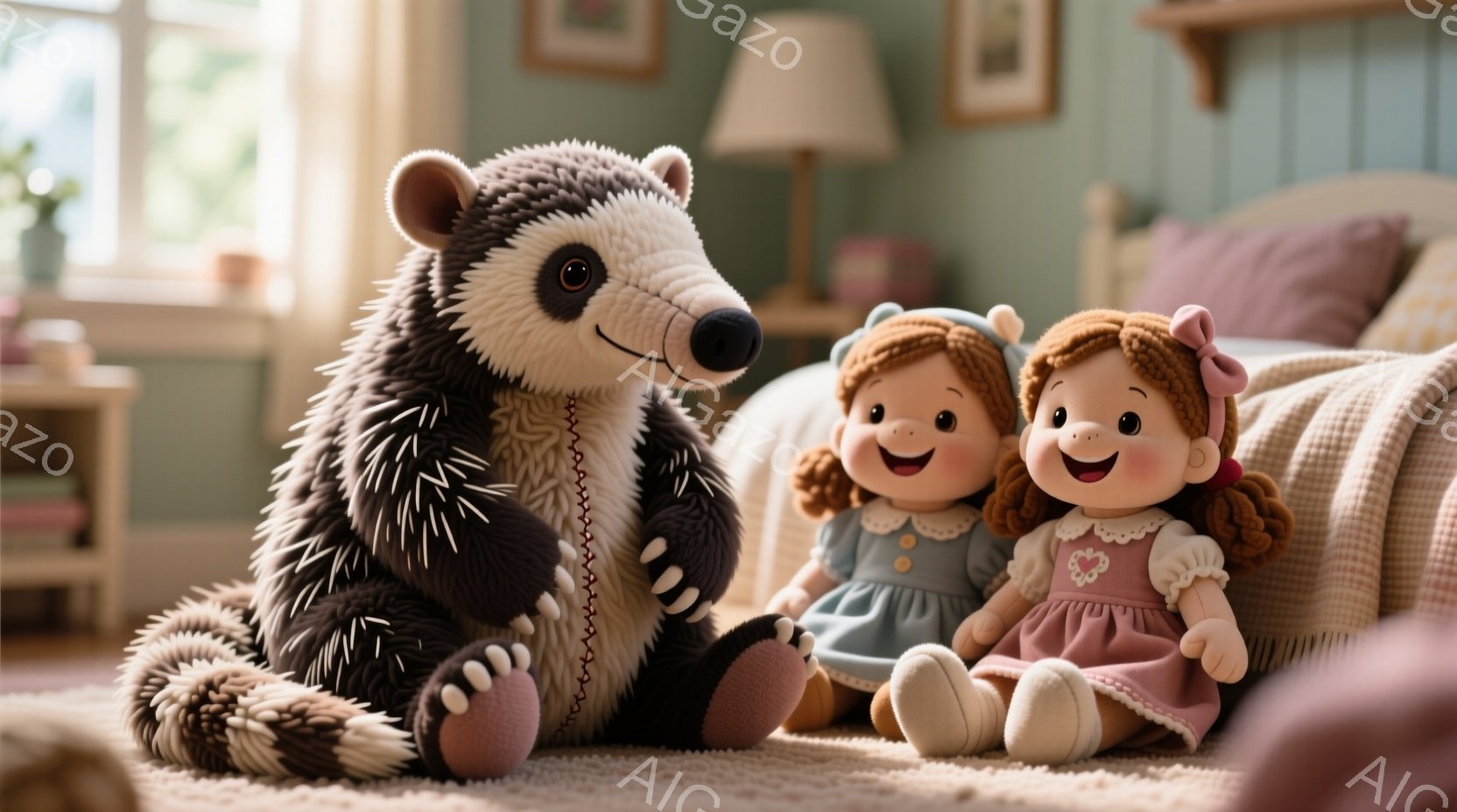 明るいリビングルームで、大きなハダカデバネと2人の女の子の人形がカーペットの上に座っています。ハダカデバネは白と黒の縞模様で、優しい表情をしています。女の子たちはそれぞれピンクと水色のドレスを着ており、カールした赤毛で、微笑んでいます。