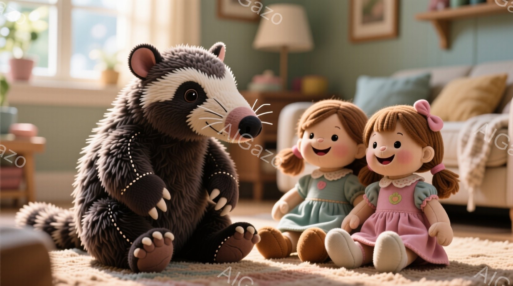 ぬいぐるみのようなアナグマが、2体の女の子の着せ替え人形と絨毯の上に座っています。人形たちはそれぞれピンクと緑のドレスを着ており、茶色の髪はサイドポニーテールに結ばれています。背景には、ソファやランプのある居間が見え、全体的に暖かく穏やかな雰囲気です。