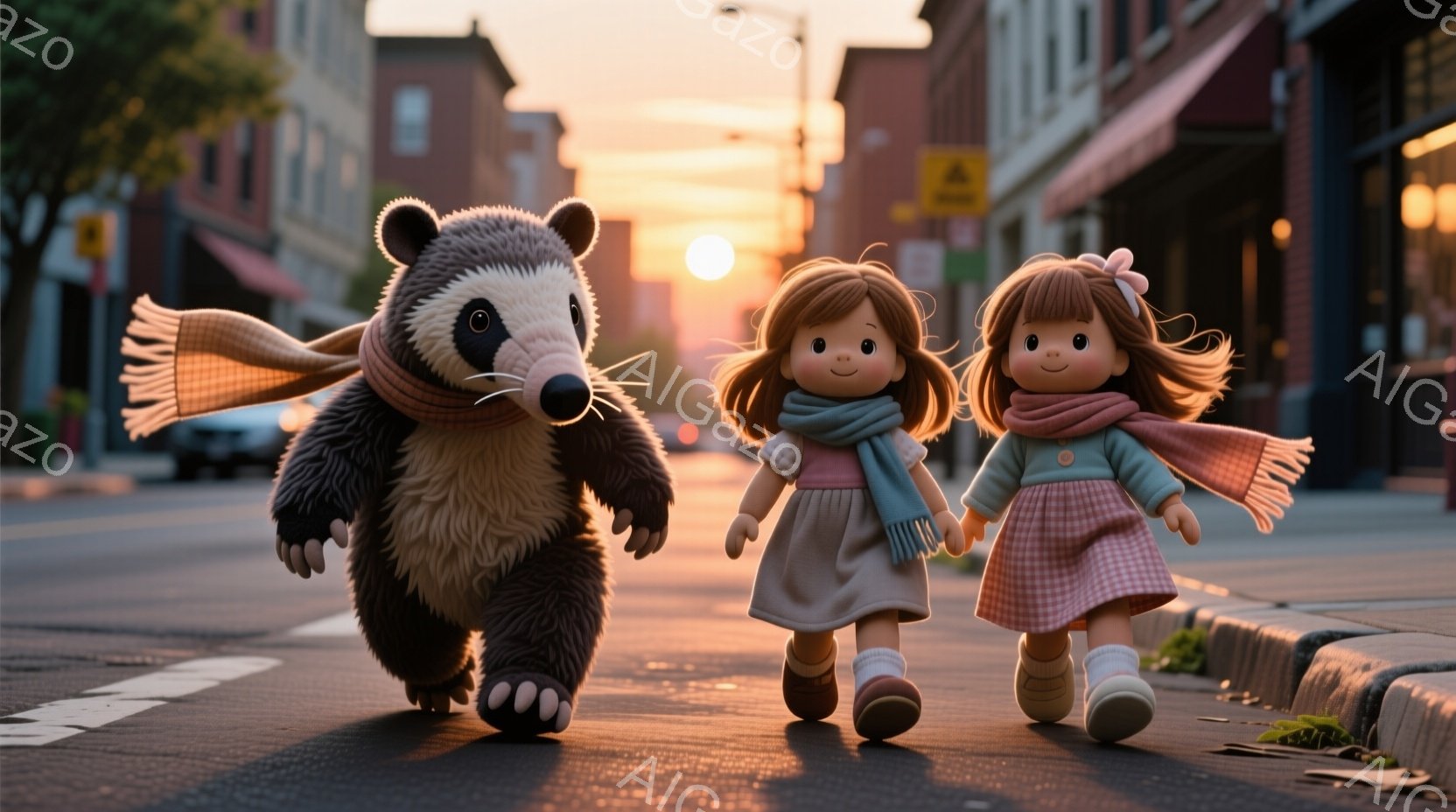茶色の大きなクマと、ピンクのチェック柄のワンピースを着た少女が歩道を歩いている。クマは茶色のスカーフを巻いており、少女は同じようにスカーフを巻いて、お団子ヘアにしている。背景には建物が並び、夕焼けが空をオレンジ色に染め、温かく穏やかな雰囲気を醸し出している。
