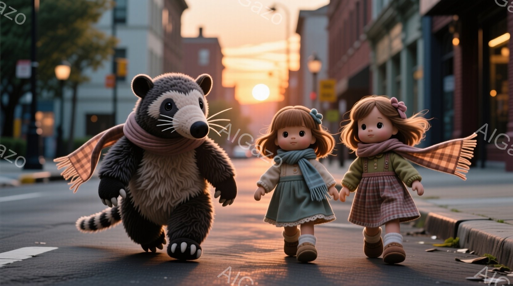 道路を歩く、動物（アライグマ）と少女が描かれています。少女は緑がかった灰色のコート、赤いチェック柄のスカート、茶色のブーツを履き、髪は茶色く、結び目のあるポニーテールで、優しい笑顔を浮かべています。背景は、夕焼け空の下の街並みで、建物と街路灯が並び、秋らしい落ち葉が散らばっています。