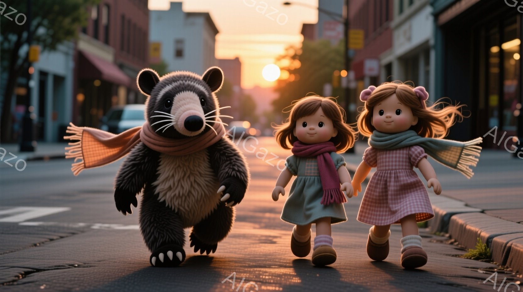 灰色の大きな熊と、ピンク色のギンガムチェックのワンピースを着た少女が、夕暮れ時の街路を歩いています。熊は赤いスカーフを首に巻き、少女も同じく赤いスカーフを巻いています。背景には古い建物が並び、空は夕焼けのオレンジ色に染まり、温かくノスタルジックな雰囲気を醸し出しています。