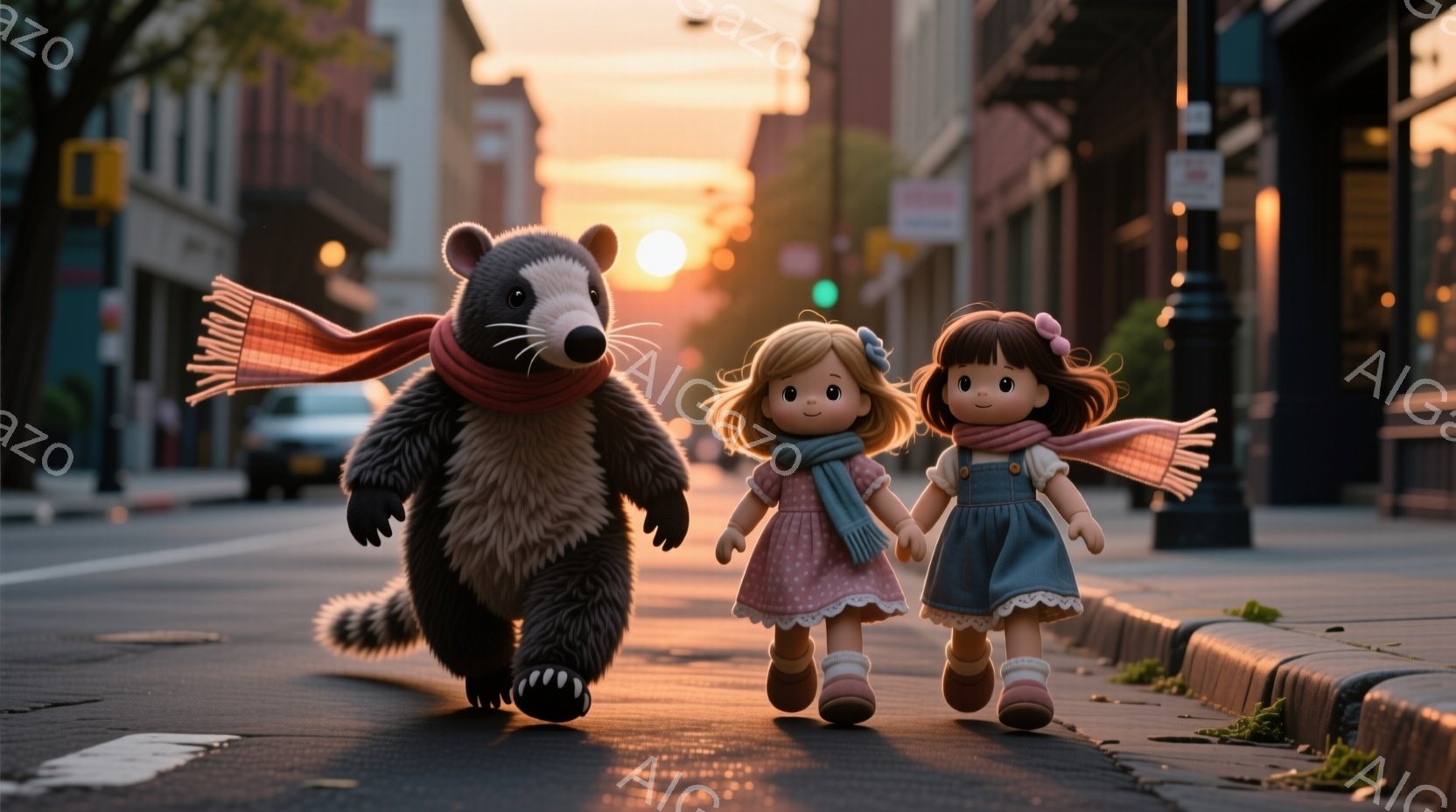 道路を二人の少女と一匹のハクビシンが並んで歩いている。少女たちはピンクのワンピースにオレンジ色のスカーフを巻き、笑顔で前を見ている。背景には建物や木々が見え、夕焼け空が暖かく優しい雰囲気を醸し出している。