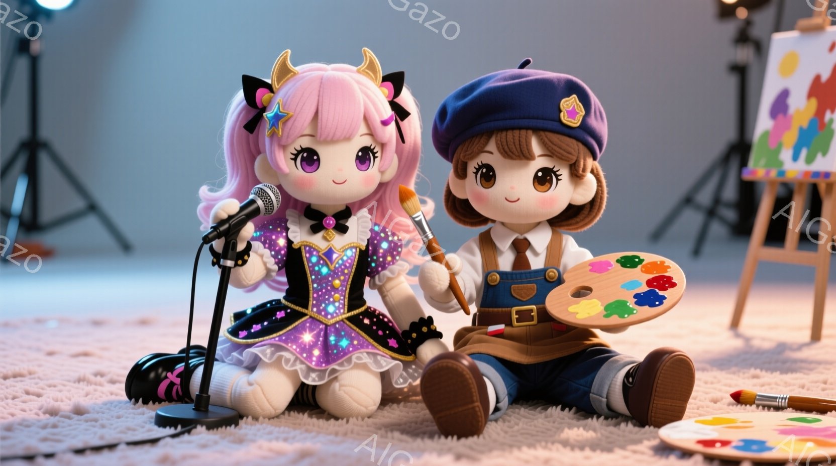 2体の人形が、ふわふわのカーペットの上に座っています。左のピンク色の髪の女性は、スパンコールが輝く紫のドレスを着て、マイクを持って歌っているような姿勢で、右の茶髪の女性は、画家風の服装で、絵筆とパレットを持って座り、絵を描く準備をしているようです。背景にはイーゼルとキャンバスがあり、全体的に創造的で遊び心のある雰囲気です。