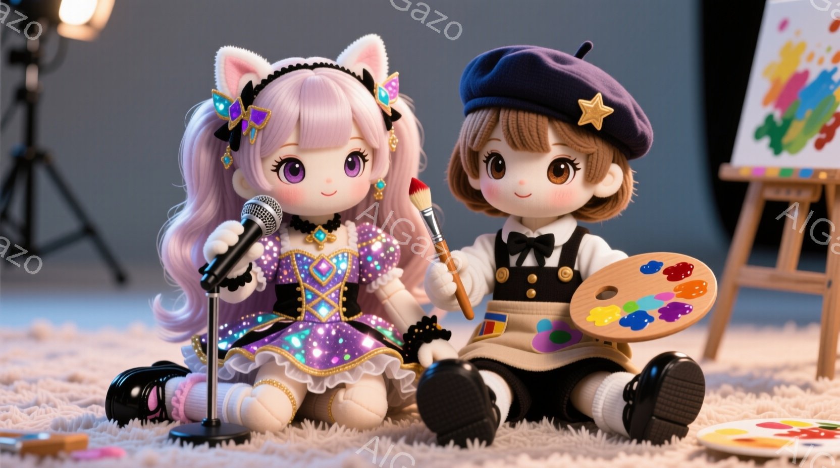 2人の人形が白い毛並みのカーペットの上に座っています。片方は紫色のキラキラしたドレスを着て、頭には猫耳のヘッドバンドをつけています。もう一人は画家風の衣装を着ており、ベレー帽をかぶり、絵筆とパレットを持っています。